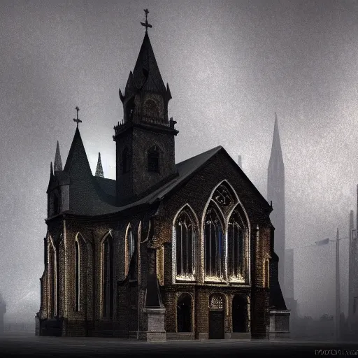 Image similar to victorian church in the middle of the city, dark, misty, at night, 8 k, detailed, concept art, trending on artstation