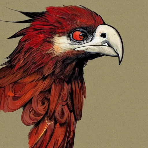 Image similar to a side portrait of a red bearded vulture, award winning, in the style of greg rutkowski and alphonse mucha, a fantasy gryphon