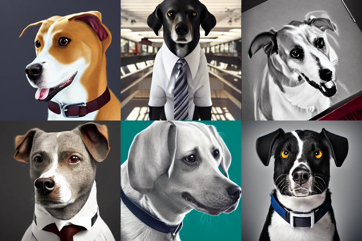Image similar to portrait of a business dog, super detailed, hyper realism, sharp focus, stylized, boxart, octane, medium shot
