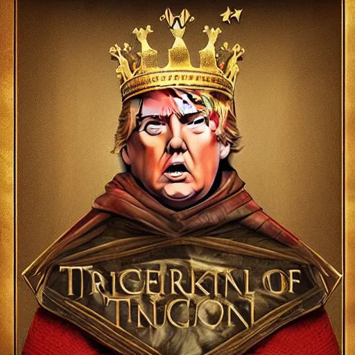 Image similar to donald trump as a medieval king before his gold castle, game of thrones style, digital art, golden hour, amazing, high quality, trending on artstation