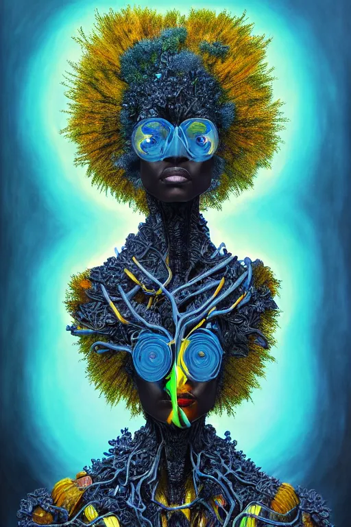 Image similar to hyperrealistic deconstructed super expressive! black woman with exoskeleton armor, merging with tree in a forest, highly detailed digital painting masterpiece smooth cam de leon hannah yata dramatic pearlescent blue yellow light ground angle hd 8k sharp focus