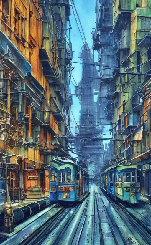 Prompt: blue tram. old locomotive. very low angle. very detailed painting by ghibli studios, futuristic. dreamlike. weird. horrific. wet asphalt. city street at 1 9 5 0 s. low angle. old photo. atmospheric. skyscrapers. vivid colours, mysterious. epic scene. 4 k. hyper detailed.