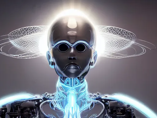 Image similar to a gray faceless figure, ascended, robot wizard, NPC with a saint\'s halo, saintly halo behind their head made of neon filigree, consulting the cyber oracle of all knowledge, at the end of time, in an esoteric ritual exchange of physical code, 8k, 4k, unreal 5, DAZ, trending on artstation, octane render, abstract painting, bright blue future