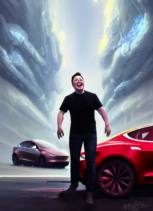 Image similar to portrait of insane elon musk laughing as a tesla runs into a child and bursts into flames, intricate, unholy, fire, highly detailed, digital painting, artstation, concept art, smooth, sharp focus, illustration, art by wlop, mars ravelo and greg rutkowski