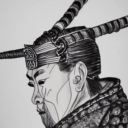 Image similar to intricate, realistic ink drawing of a samurai in a splash of ink, 8 k