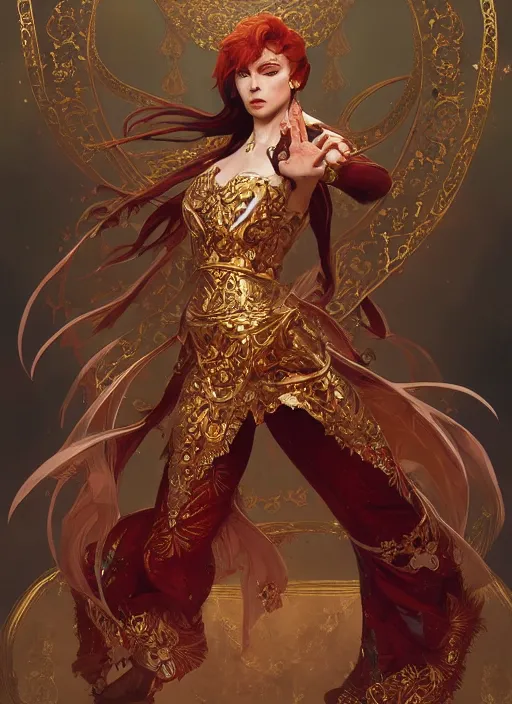 Image similar to !! fullbody!! dynamic movement pose, beautiful woman with red hair, byzantine noble, gold jewellery, dnd, face, fantasy, intricate, elegant, highly detailed, digital painting, artstation, concept art, smooth, sharp focus, illustration, art by artgerm and greg rutkowski and alphonse mucha