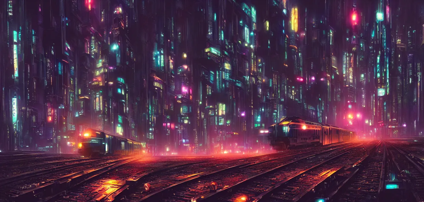 Prompt: a painting of a city at night with a train on the tracks, cyberpunk art by stephan martiniere, cg society contest winner, panfuturism, matte painting, dystopian art, reimagined by industrial light and magic