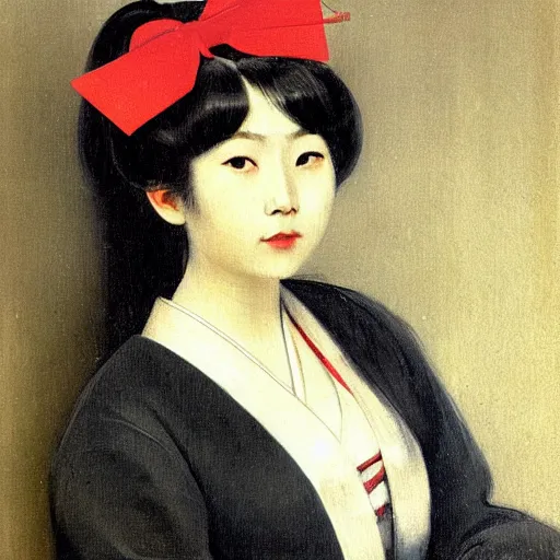 Image similar to Portrait of a japanese young lady with a long white hair and a red ribbon, Rim Lighting, Lantern, by Camille Corot