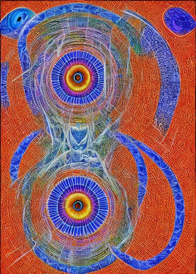 Prompt: pyramid with an eye in the middle, painting by alex grey