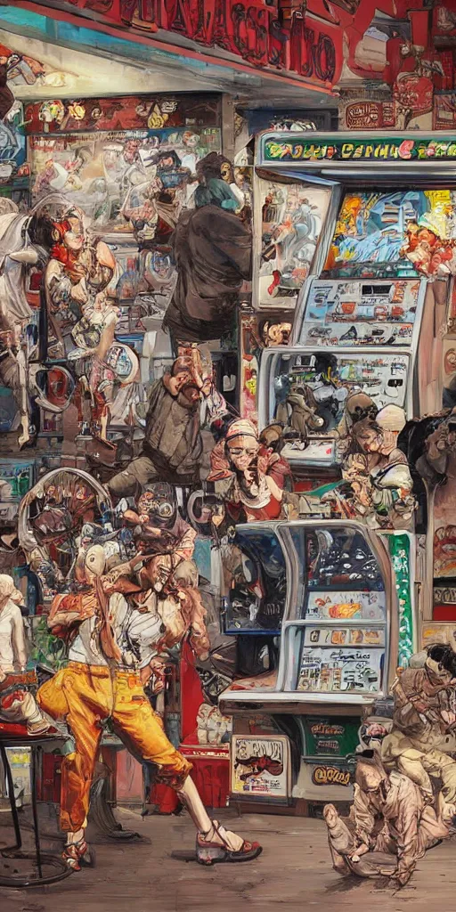 Image similar to oil painting scene from amusement arcade by kim jung gi