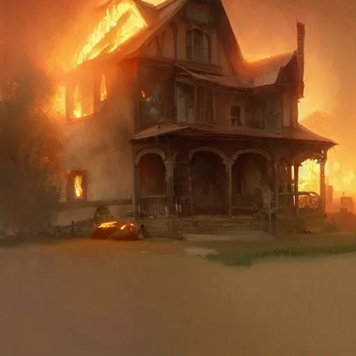 Image similar to ultra realistic illustration, a house on fire, highly detailed, digital painting, artstation, concept art, smooth, sharp focus, illustration, art by artgerm and greg rutkowski and alphonse mucha