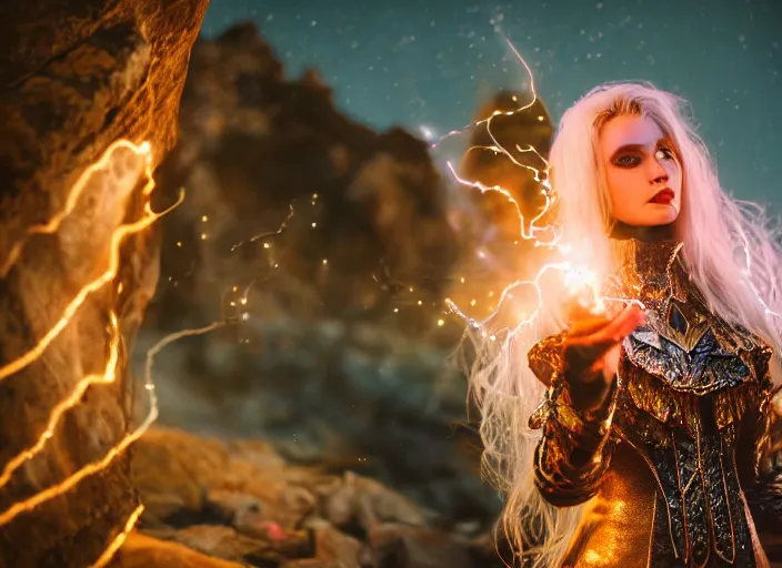 Image similar to closeup of a very good looking fantasy sorceress wearing amazing detailed clothes, shooting magical glowing flowing energy from her hands!!!! in the moonlit mountains, dramatic lighting, lens flare, 3 5 mm f 1. 2, professional photography, kodak ektar