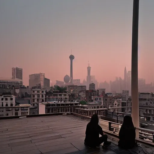 Image similar to a small rooftop with a couple of people sitting and watching the view, wearing black modern clothes, messy hair, modern shanghai bund in smog is on the background, sunset, pale colors, by gregory crewdson