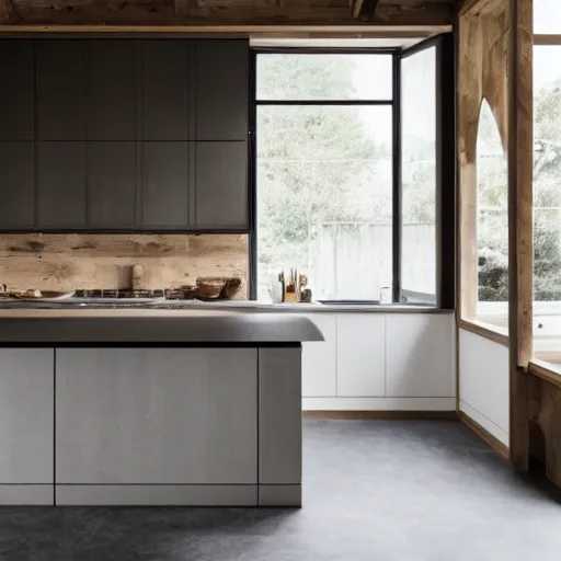 Image similar to luxury bespoke kitchen design, modern rustic, Japanese and Scandinavian influences, understated aesthetic, innovative materials and texture, by Roundhouse Design and Charles Yorke and Davonport