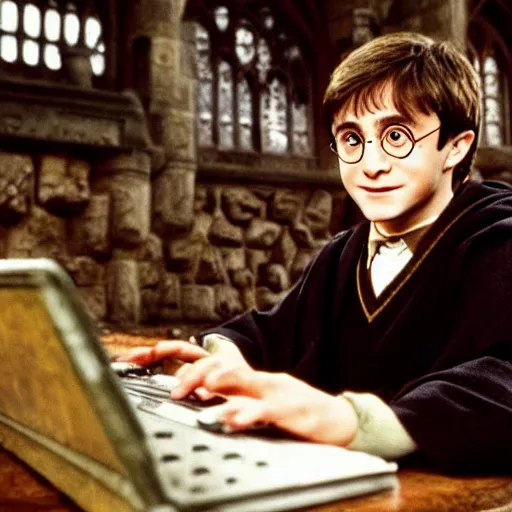 Image similar to Photo of Harry Potter using a computer in Hogwarts