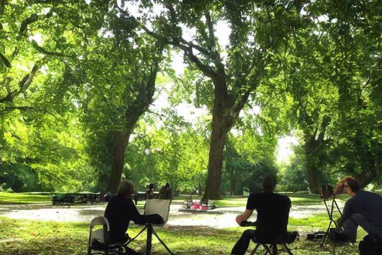 Image similar to cinematography plein air painters in Parc Monceau by Emmanuel Lubezki