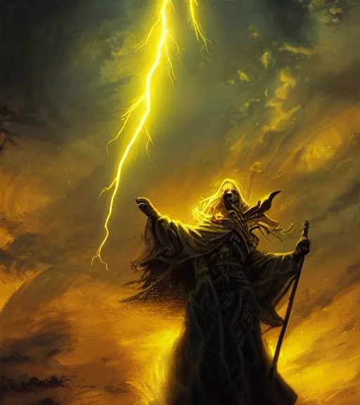 Image similar to a wizard summoning lightning from the sky, glowing yellow eyes, intricate, highly detailed, artstation, concept art, perfect composition, dynamic lighting, illustration, volumetric lighting, illustration, sharp focus, art by ralph horsley and greg rutkowski