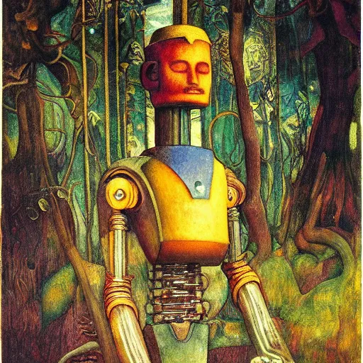 Prompt: robot seizes the forest crown, by Annie Swynnerton and Diego Rivera and Elihu Vedder, symbolist, dramatic lighting, elaborate geometric ornament, tattoos, Art Brut, soft cool colors,smooth, sharp focus, extremely detailed