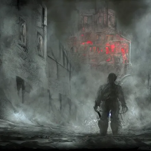 Image similar to concept art of mario in a ruined kingdom, resident evil, gothic horror, silent hill, occult, terror, mist, volumetric render