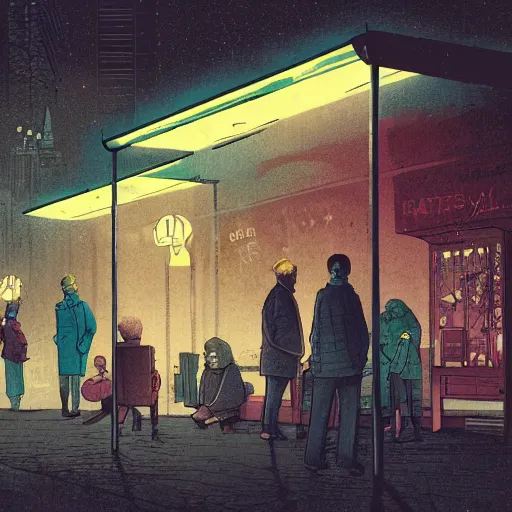 Prompt: handmade illustration of people waiting at bus stop in dark city night, line art, ink, watercolor by Kilian Eng and by Jake Parker, winning-award masterpiece, fantastic, octane render, 8K HD Resolution, High quality image