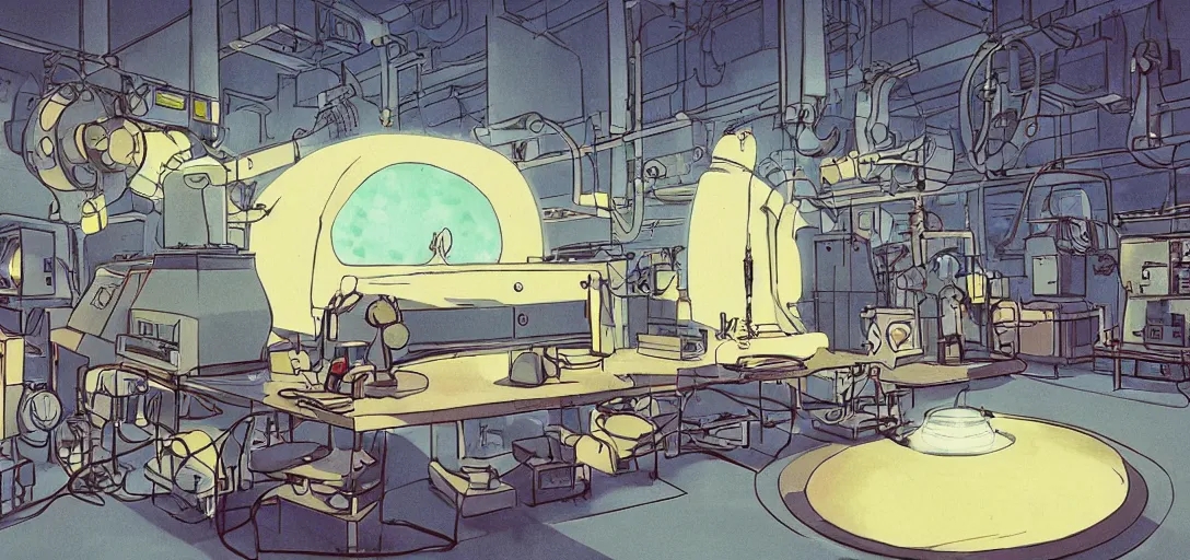 Prompt: A dimly lit lab with a prototype of a fusion reactor sitting in the center of the room, art by Hayao Miyazaki, art by Studio Ghibli, anime style