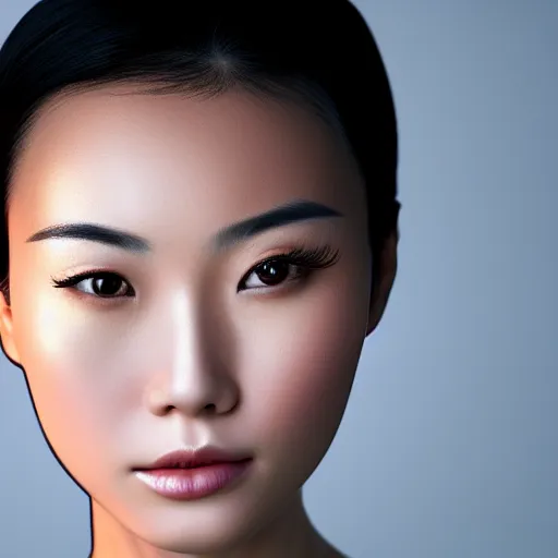 Image similar to pretty asian woman, headshot, symmetrical face, hard lighting, photorealistic