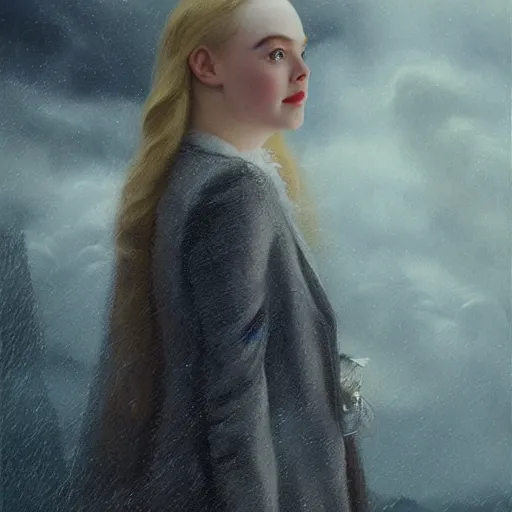 Prompt: Elle Fanning at night, stormy weather, extremely detailed masterpiece, oil on canvas, artstation, Skyfall, Roger Deakin’s cinematography, by J. C. Leyendecker and Peter Paul Rubens,