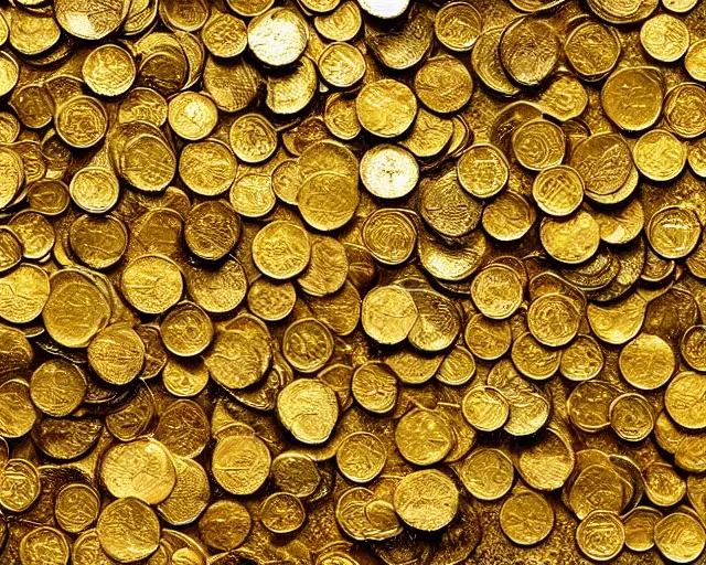 Image similar to 4 k hd, high resolution landscape photograph of fields covered with gold coins, raining dollars, shot with sigma f / 4. 2, 2 5 0 mm sharp lens, wide shot, high level texture render
