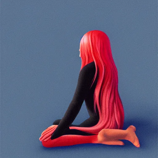 Prompt: an androgynous person with red and blue gradient hair, floating in a black void, relaxed with their legs crossed. digital art, trending on art station, award winning