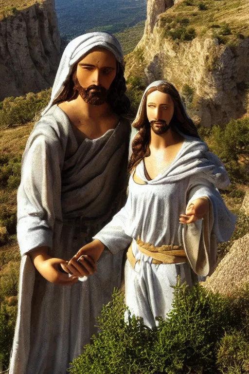 Image similar to selfie from a mobile phone of jesus and mary magdalene standing on a cliff looking over a beautiful landscape in france, languedoc, award winning photo, very detailed, very realistic