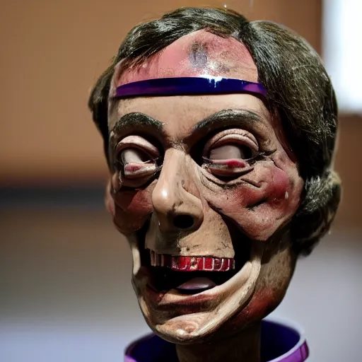 Prompt: Nigel Farage as a ventroquial dummy, hinged jaw, wires, lacquered, glossy, cracked varnish, ((photo))