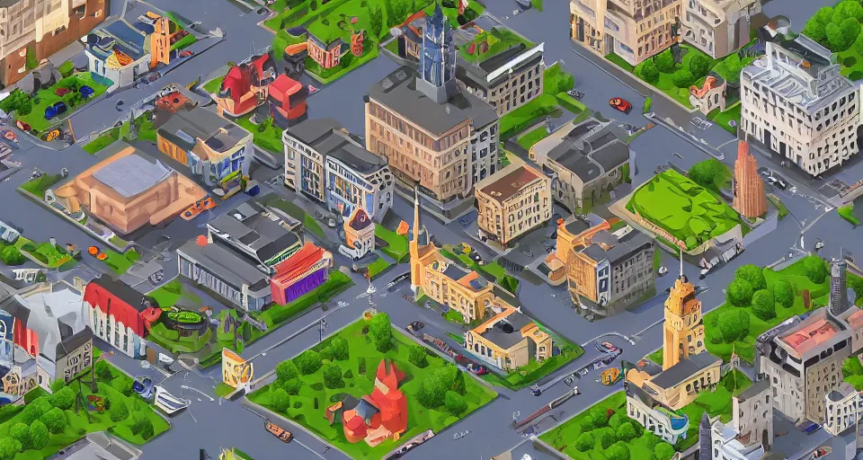 Prompt: isometric strategy game taking place in downtown Warsaw, Poland
