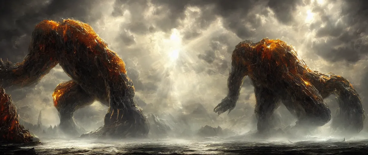 Prompt: A terrifying giant monster made of honey, beautiful atmosphere, god rays, masterpiece digital painting by Aleksi Briclot, 4k wallpaper