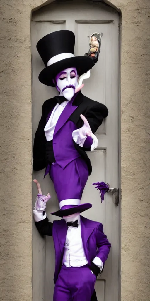 Image similar to a purple skinned tiefling with a goatee wearing a white suit and tophat standing in a doorway, purple skin, goatee, by Mark Brooks