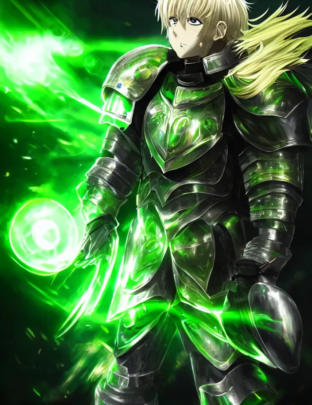 Prompt: an anime portrait of a blonde man with glowing green eyes in green plate armour glowing with green energy, trending on artstation, digital art, 4 k resolution, detailed, high quality, sharp focus, hq artwork, coherent, insane detail