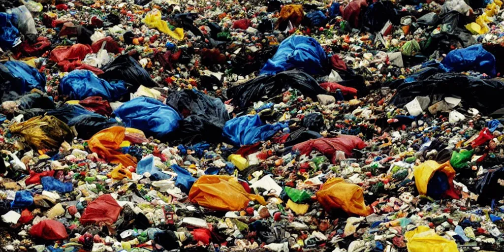 Prompt: photography of a mountain of colorfull garbage bags with televisions sets inside emitting light and news, photography by Annie Leibovitz and david lachapelle, photography award winning, rule of thirds, golden ratio, phi