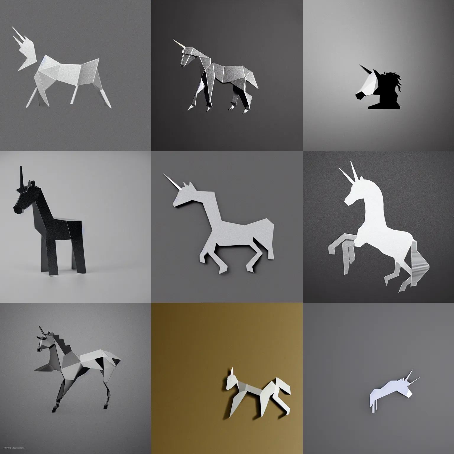 Prompt: Minimalistic steel unicorn composed by polygons in a dark room