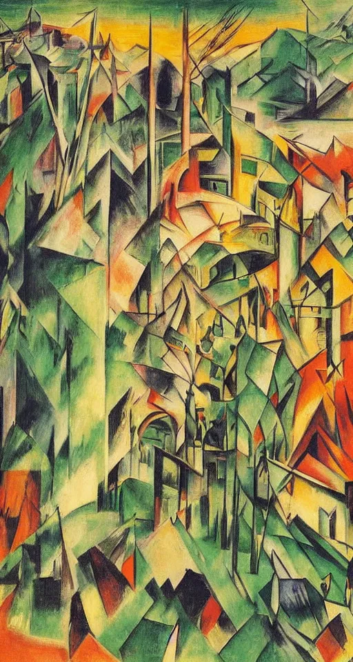 Image similar to on the street of abandoned town 2 people standing huddled together with spiny giant plants bursting through them, surreal, very coherent, intricate design, painting by Franz Marc