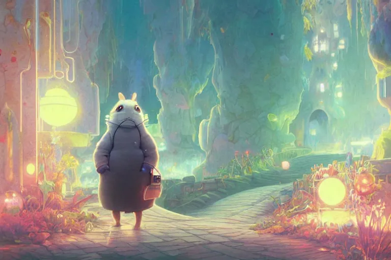 Image similar to a dreamy otherworldly 3 d render of anthropomorphic cyborg rodent on pathway to castle, studio ghibli, pixar and disney exploded - view drawing, sharp, disney octane render splatter paint vray by shinji kimura and alphonse mucha and alena aenami, maximalist pastel color palette, ( ( bloom ) ), dramatic lighting