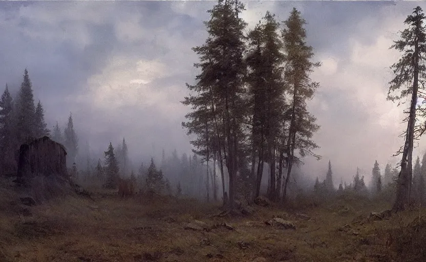 Image similar to Hagrid's hut landscape, early evening, mist, matte painting, dark forest, by Isaac Levitan and Vasily Perov