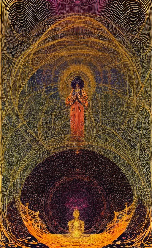 Image similar to astral monk at the temple of gon within the 5 th dimension, cosmic, symmetrical, golden ratio, dmt, psychedelic, detailed, by victo ngai, by gustave dore