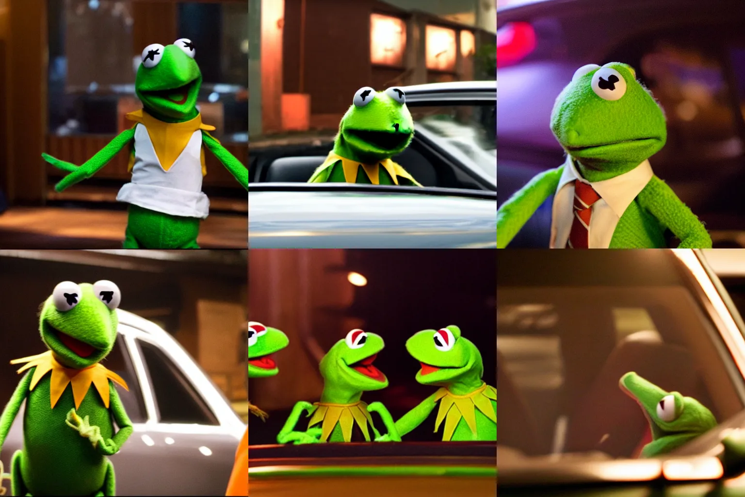 Prompt: kermit the frog in Drive movie by Nicolas Winding Refn, cinematic, realistic