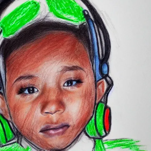 Image similar to crayon drawing of a kid with green headphones drawn by a 6 year old, photorealistic