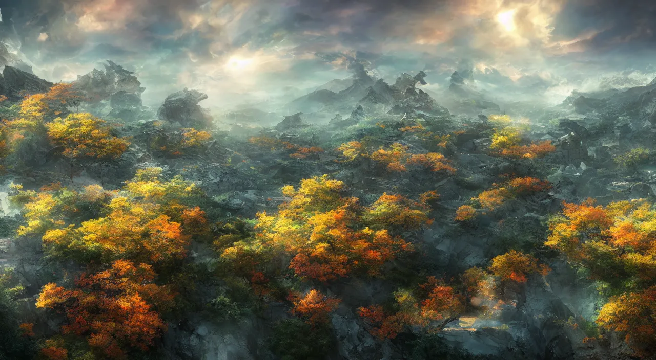 Prompt: lanscape, concept art, dramatic color, terragen, korean light novel, 8 k 3 d, atmosphere, japenese light novel cover