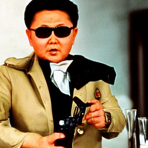 Prompt: a still of Kim Jong-il disguised as James Bond holding a martini and a Walther PPK, 35mm film, classic Bond iconic shot, spy