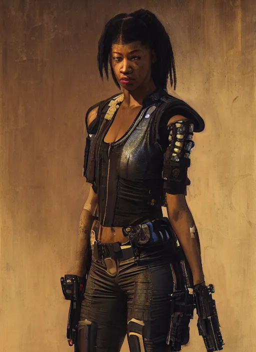 Image similar to Maria Igwe. female Cyberpunk samurai wearing military vest walking through nightclub (blade runner 2049, cyberpunk 2077). Orientalist portrait by john william waterhouse and James Gurney and Theodore Ralli and Nasreddine Dinet, oil on canvas. Cinematic, hyper realism, realistic proportions, dramatic lighting, high detail 4k