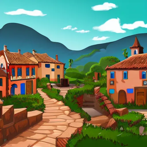 Prompt: A Spanish village. 2D videogame seamless parallax background.
