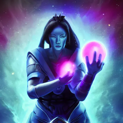 Prompt: a powerful goddess woman floating with a glowing orb of blue power in her hand, trending on artstation, colourful, powerful, dark, mysterious, maximalist, full body shot, japanese, unreal engine 5, evil, warrior, nebula background, wearing a farce robe, army behind her and war - s 1 5 0