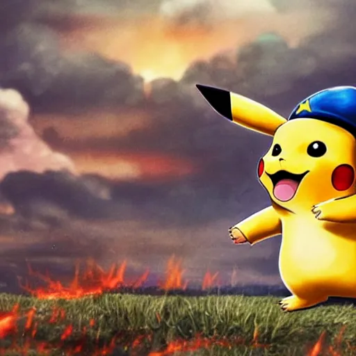 Prompt: ! pikachu! fighting stalin in ww 2 uniform and a mustache, fighting in world war 2, photorealistic, high detail, realistic, sharp focus, smooth edges, soldiers in the background, dramatic, sky on fire with dogfights in the sky. wide angle