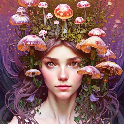 Prompt: Portrait of a girl surrounded by flowers and mushrooms, face, fantasy, intricate, elegant, highly detailed, digital painting, artstation, concept art, smooth, sharp focus, illustration, art by Fernanda Suarez and Artem Demura and alphonse mucha